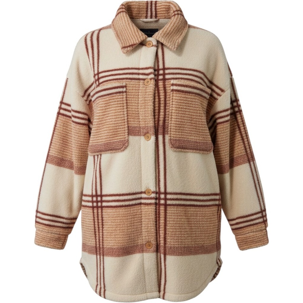 Roxy Plaid Sherpa Fleece Shacket Jacket Oversized Cream Brown Women's M